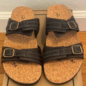 NEW L.L. BEAN Black Leather Double Buckle Straps Cork Rubber Sandals Slides Sz 7